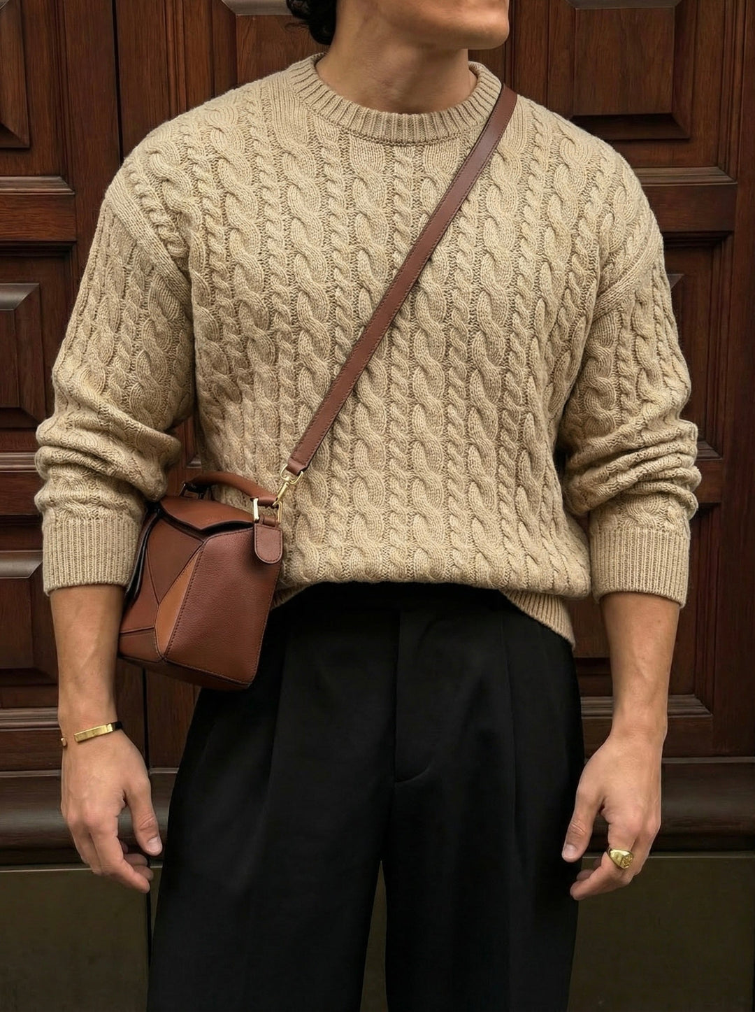 Sweter Oversize z Plecionką - Beżowy
