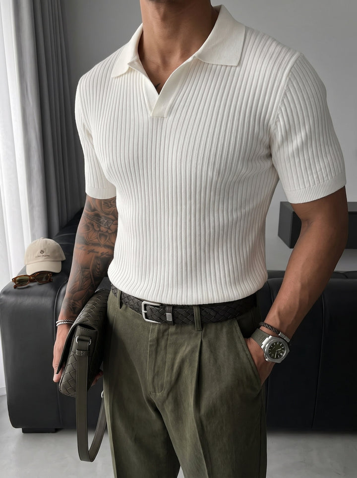 Slim Fit Knit Polo T-Shirt - Biały