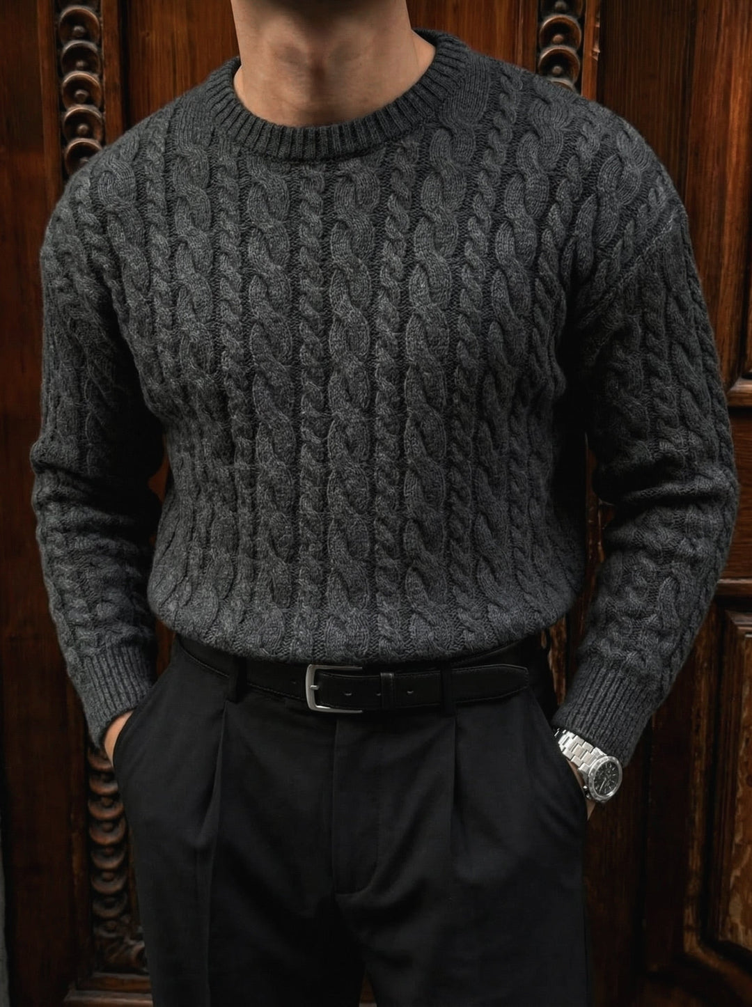 Sweter Oversize z Plecionką - Antracytowy