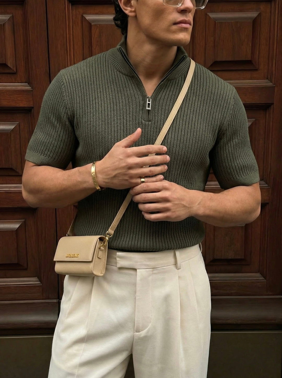Slim Fit Mock Neck Zip T-shirt - Khaki