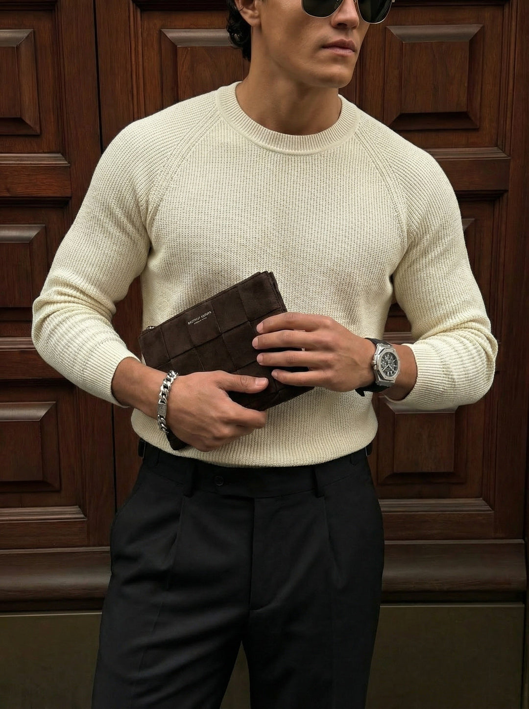 Slim Fit Cienki Sweter - Beżowy