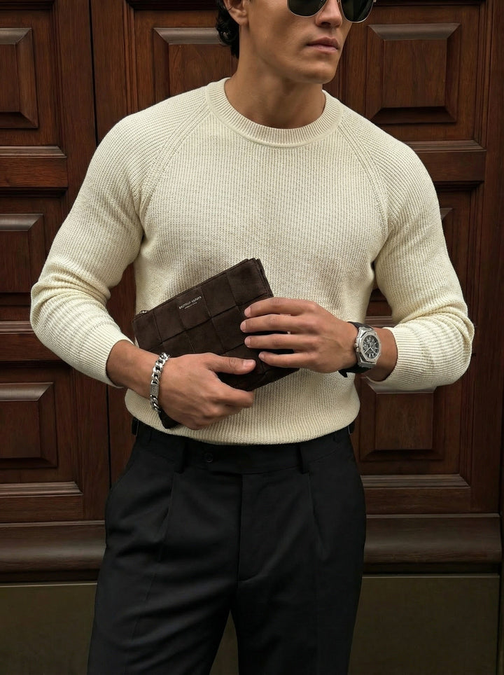 Slim Fit Cienki Sweter - Beżowy