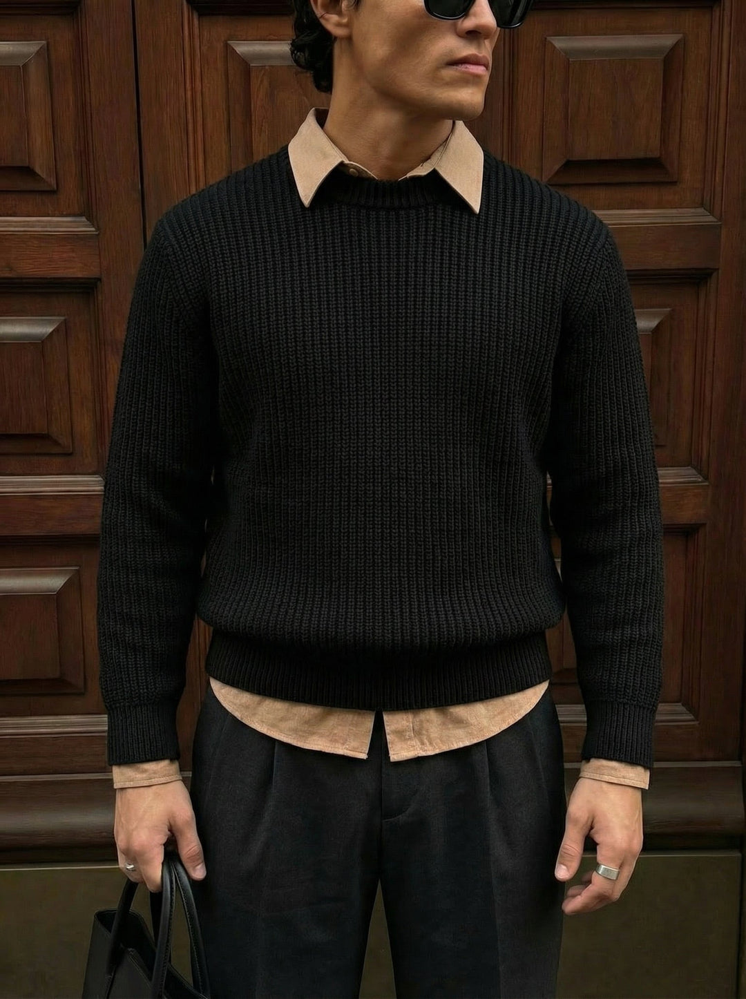Oversize Strukturalny Sweter - Czarny