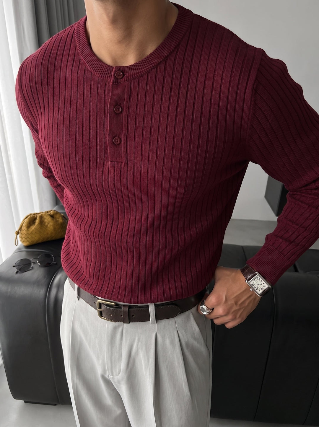 Sweter Slim Fit z guzikami - Bordeaux