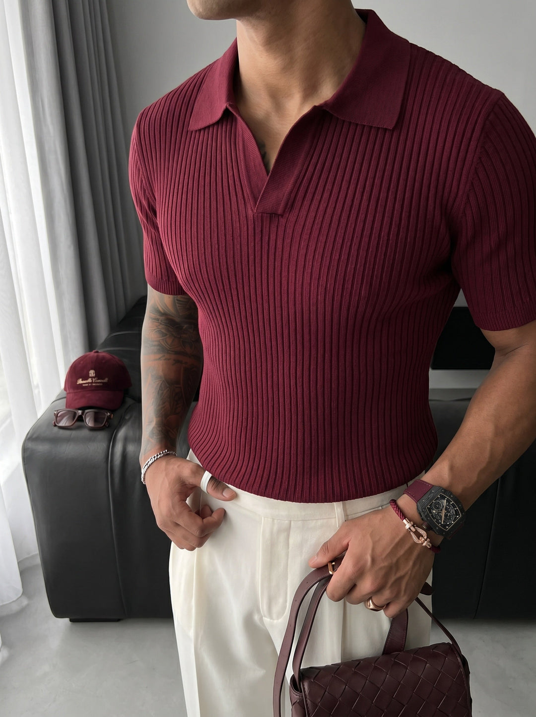 Slim Fit Knit Polo T-Shirt - Śliwka