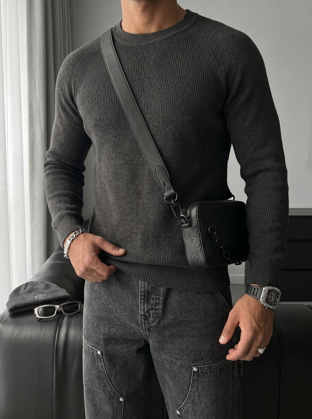 Sweter Slim Fit Cienki - Antracytowy