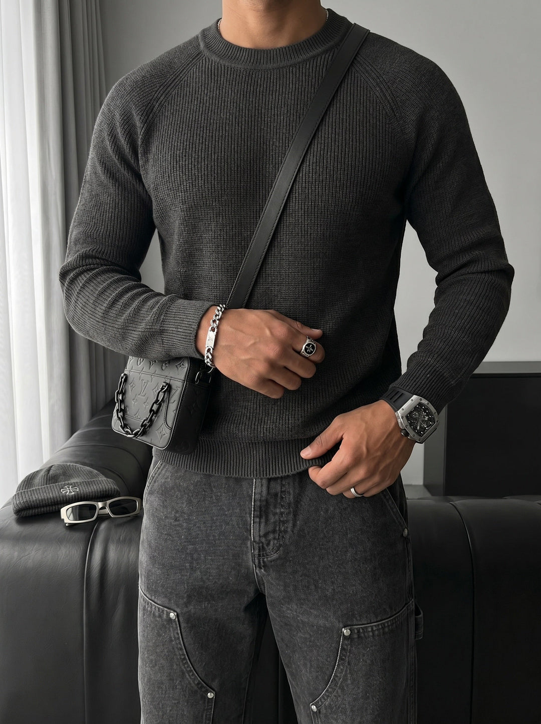 Sweter Slim Fit Cienki - Antracytowy