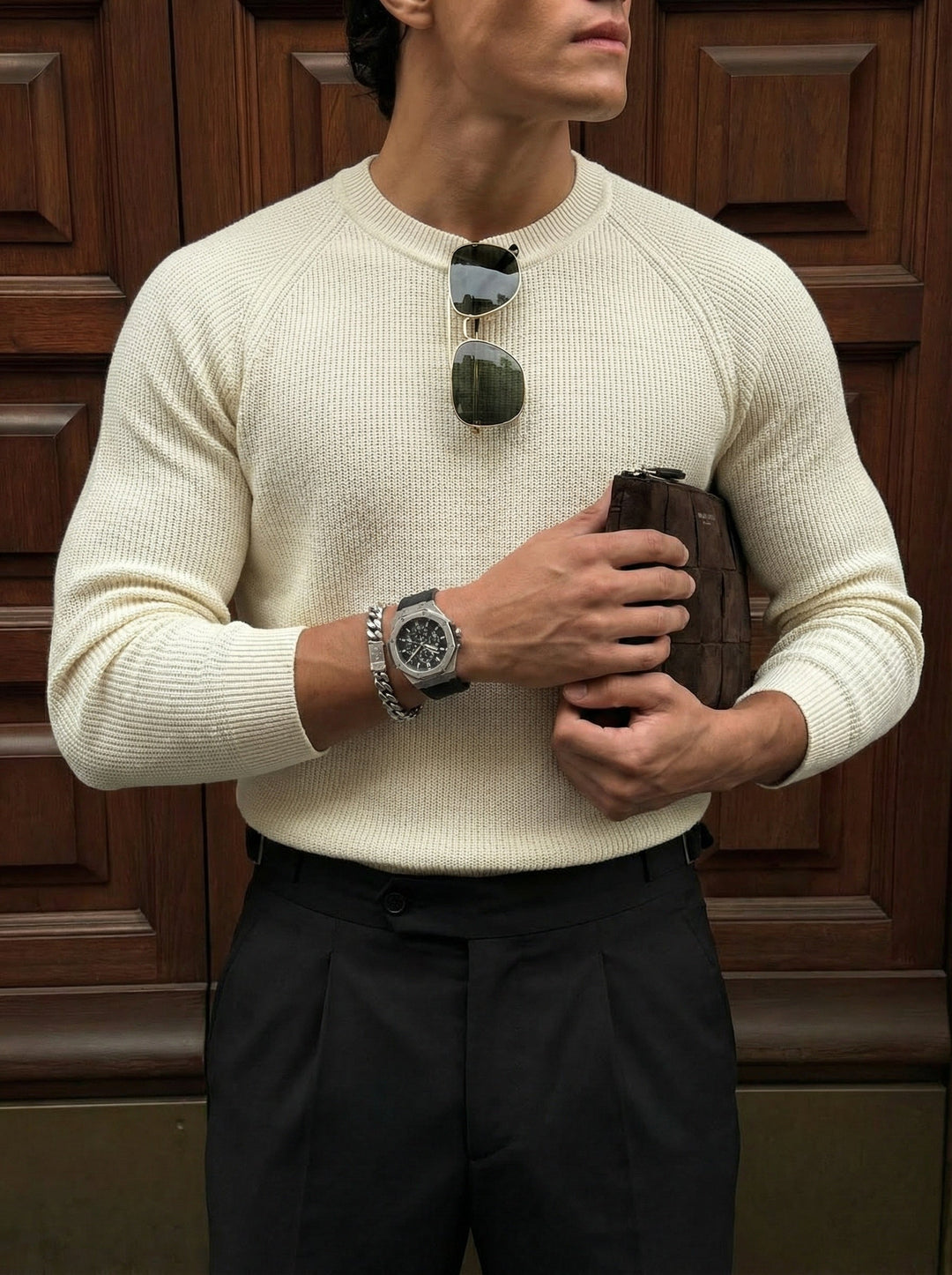 Slim Fit Cienki Sweter - Beżowy