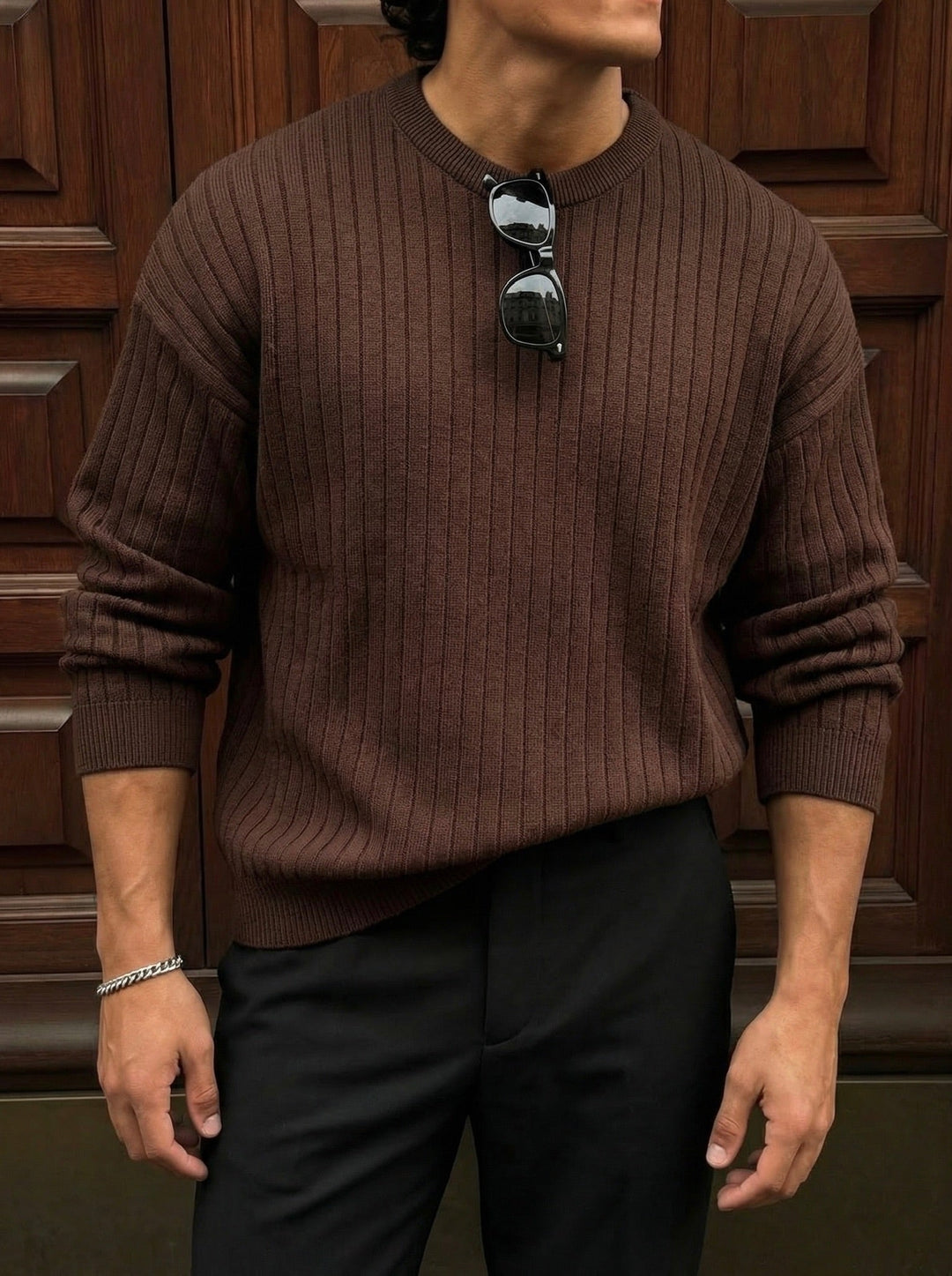 Oversize Szeroki Sweter z Długim Rękawem - Ciemnobrązowy