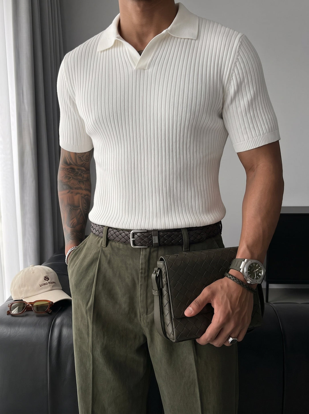 Slim Fit Knit Polo T-Shirt - Biały