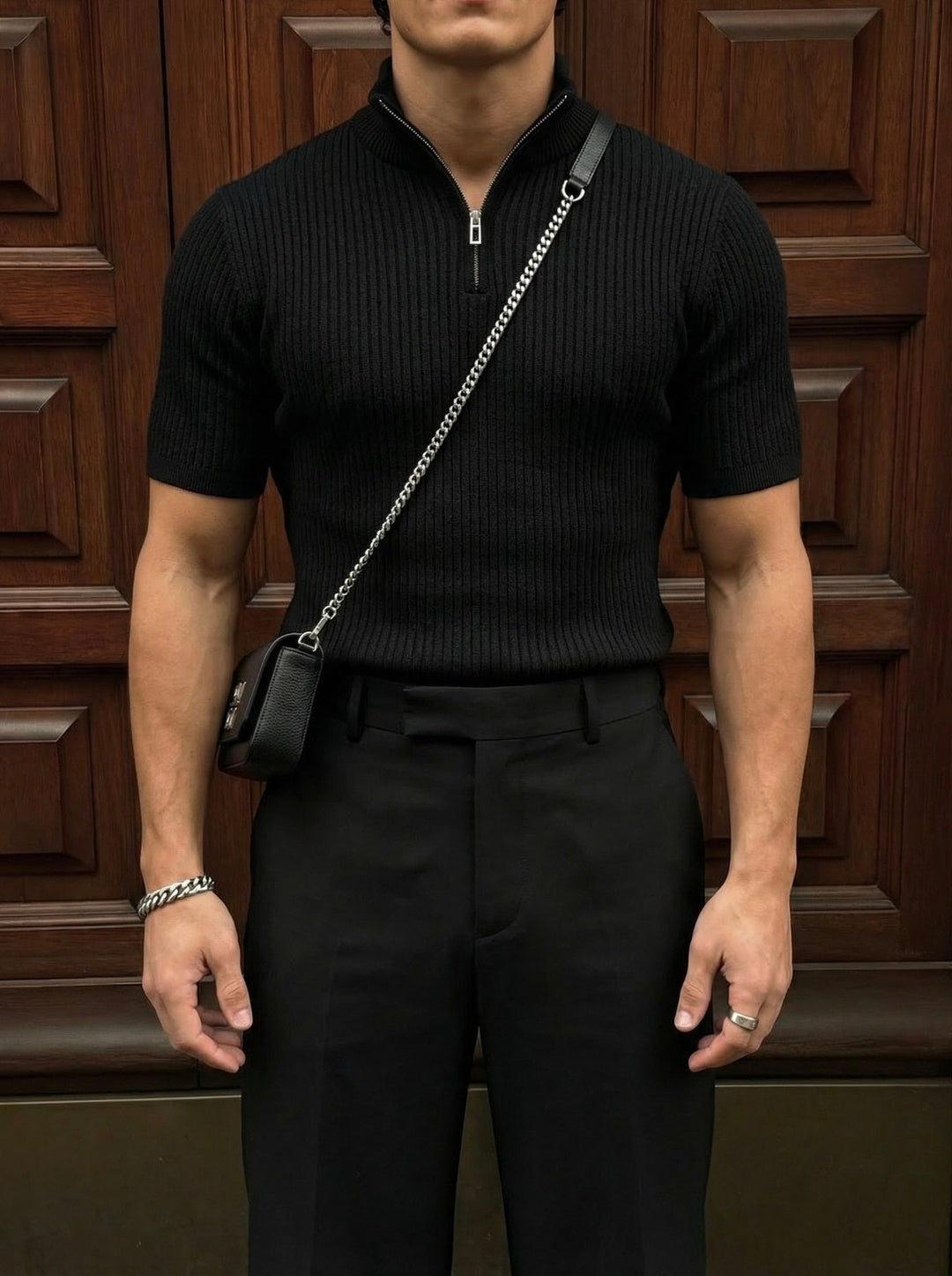 Slim Fit Mock Neck Zip T-shirt - Czarny