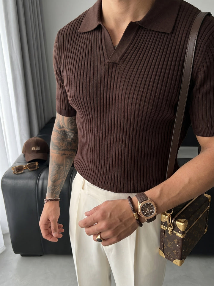 Slim Fit Knit Polo T-Shirt - Ciemny Brąz