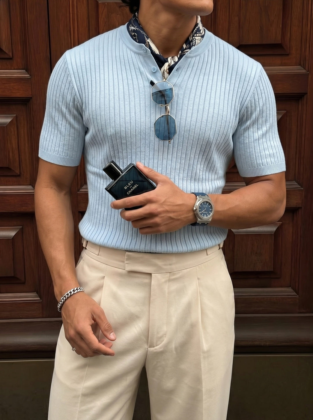 Slim Fit Button Knit T-shirt - Babyblue