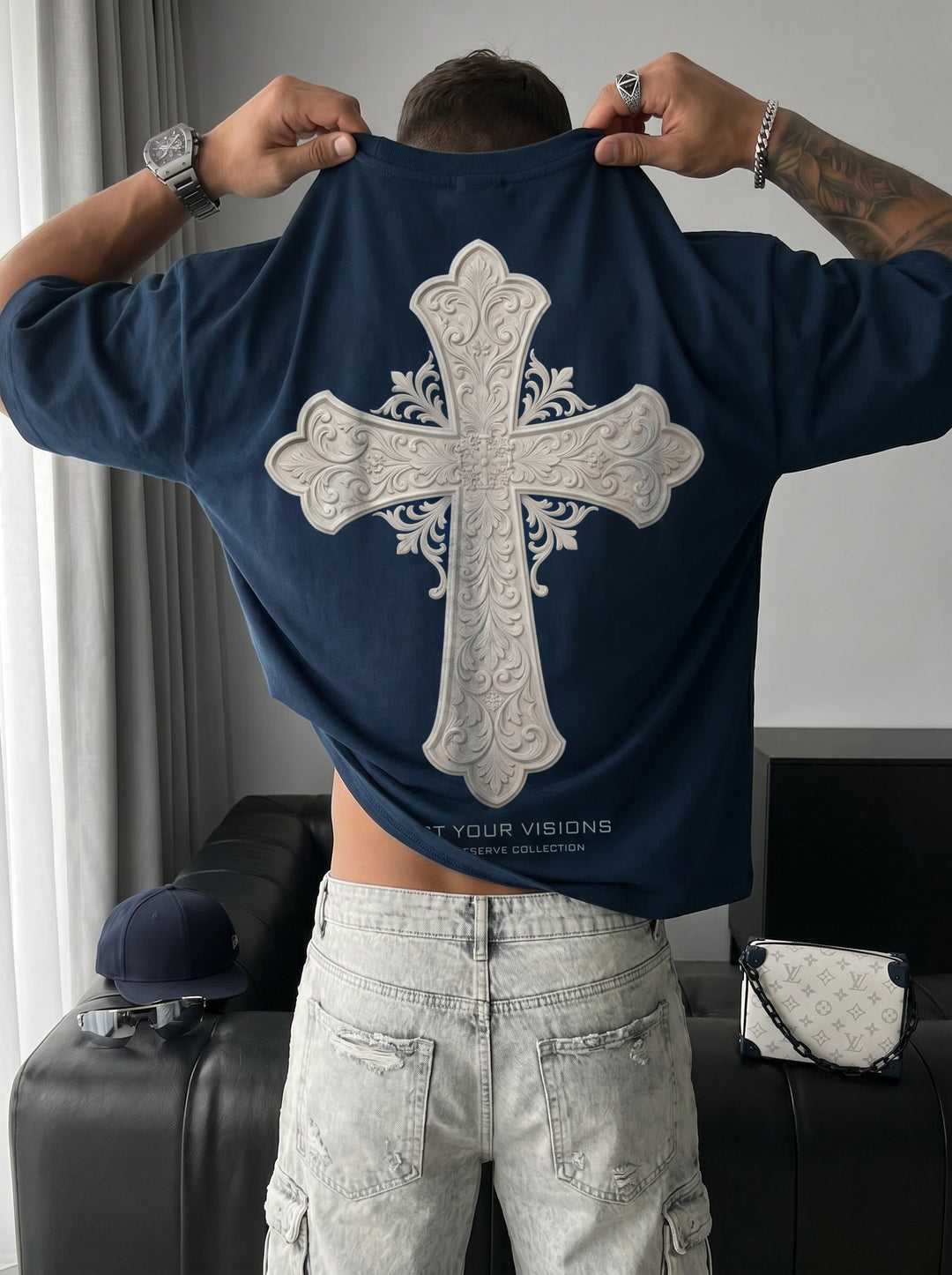 T-shirt Oversize Cross - Granatowy