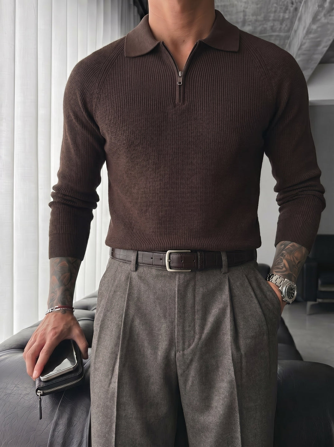 Sweter polo z zamkiem w kolorze ciemnego brązu - Slim Fit
