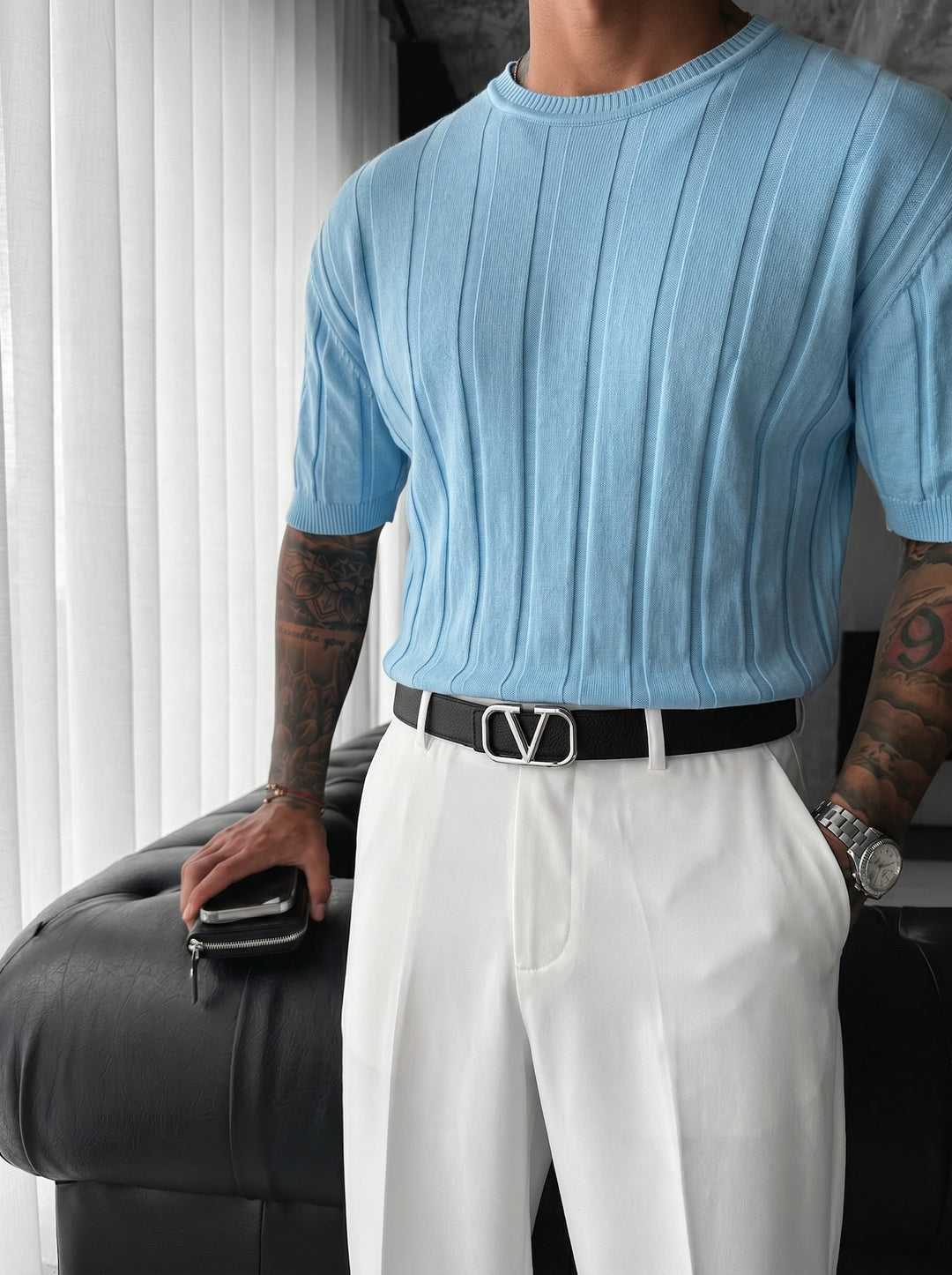 Regular Fit T-shirt z dzianiny - Babyblue