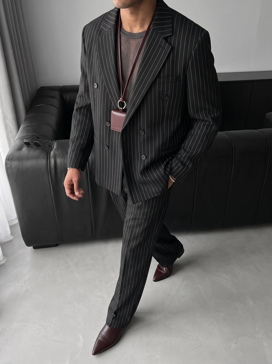 Oversize Pinstripe Podwójnie Zapięty Garnitur - Czarny