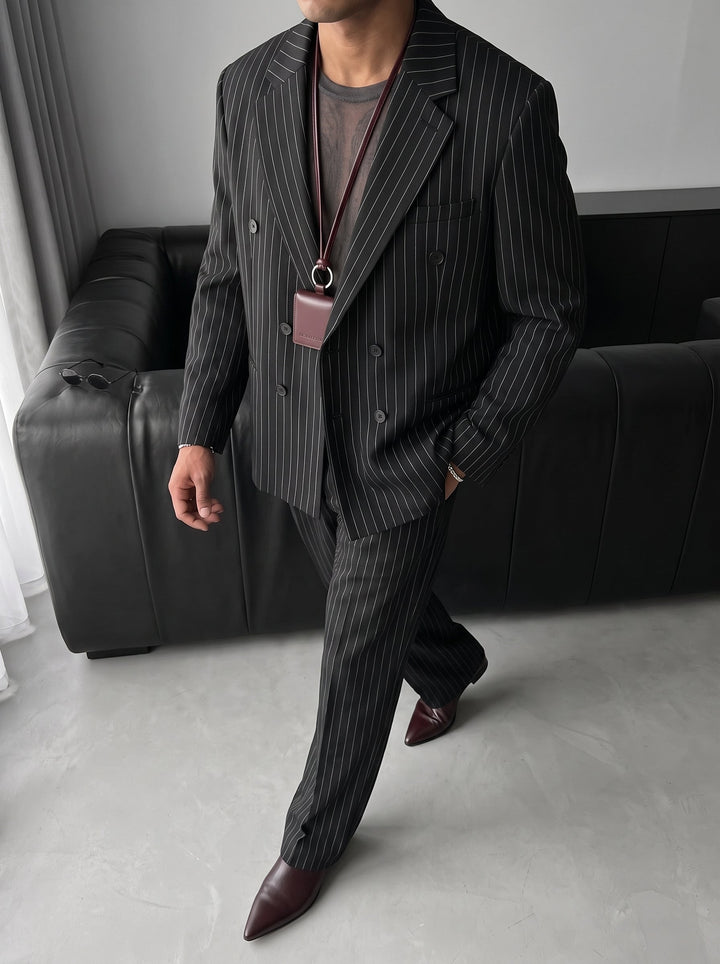 Oversize Pinstripe Podwójnie Zapięty Garnitur - Czarny