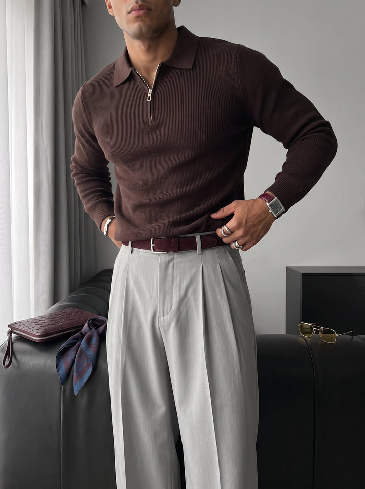 Luźny sweter polo - Ciemny brąz