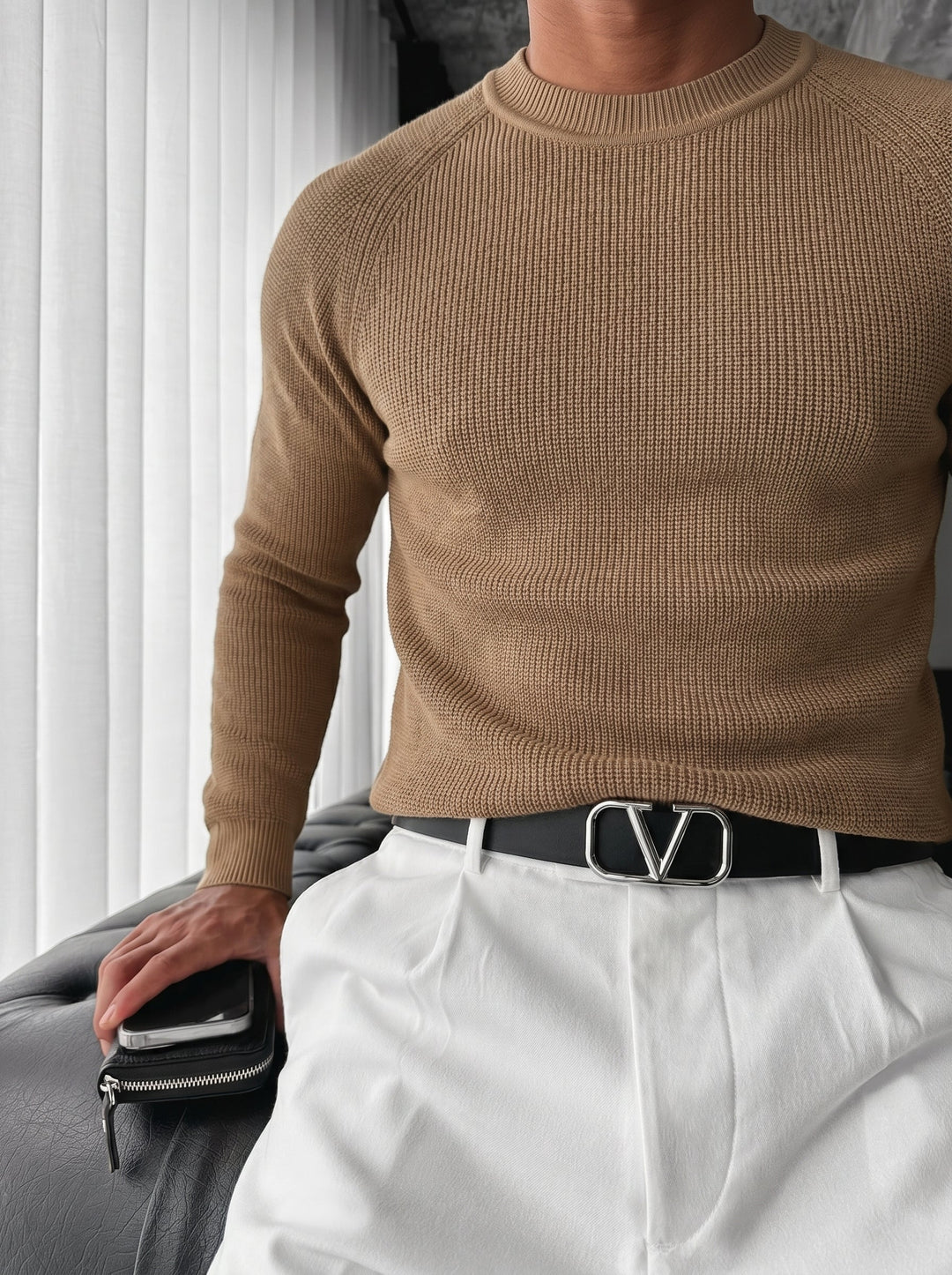 Sweter Slim Fit Cienki - Camel
