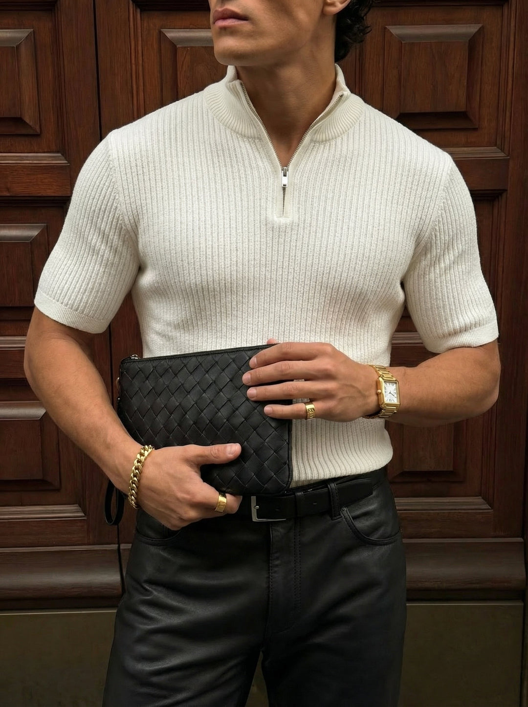 Slim Fit Mock Neck Zip T-shirt - Ecru