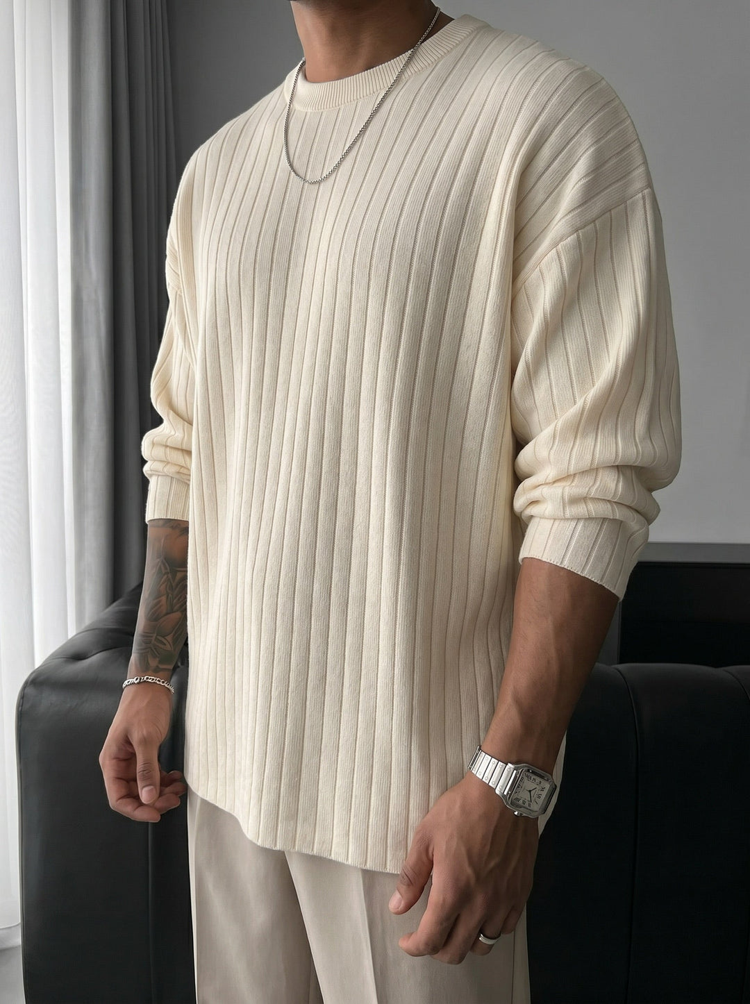 Oversize szeroki sweter z długim rękawem - Kamień