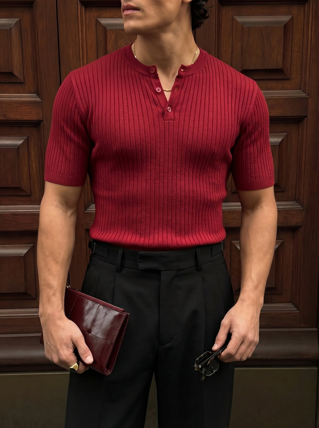 T-shirt Slim Fit z guzikiem - Bordeaux