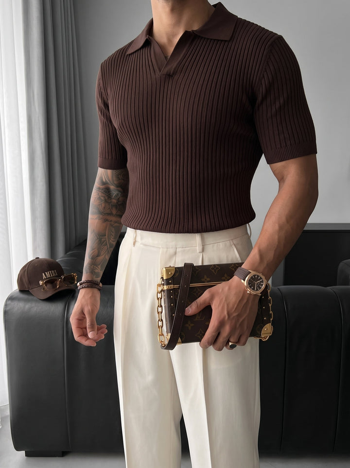 Slim Fit Knit Polo T-Shirt - Ciemny Brąz