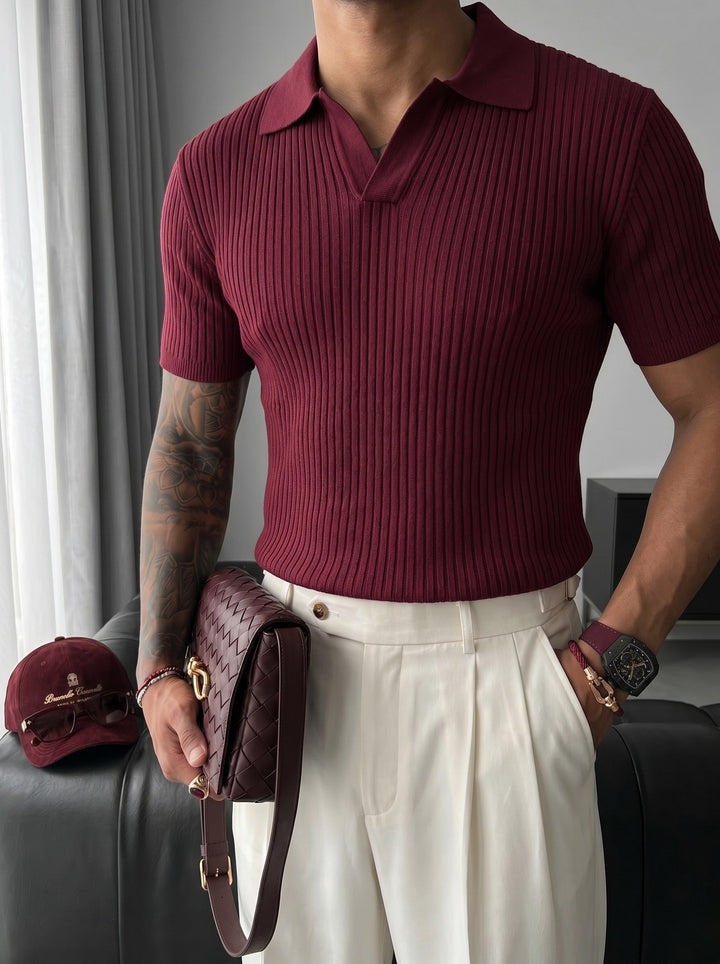 Slim Fit Knit Polo T-Shirt - Śliwka