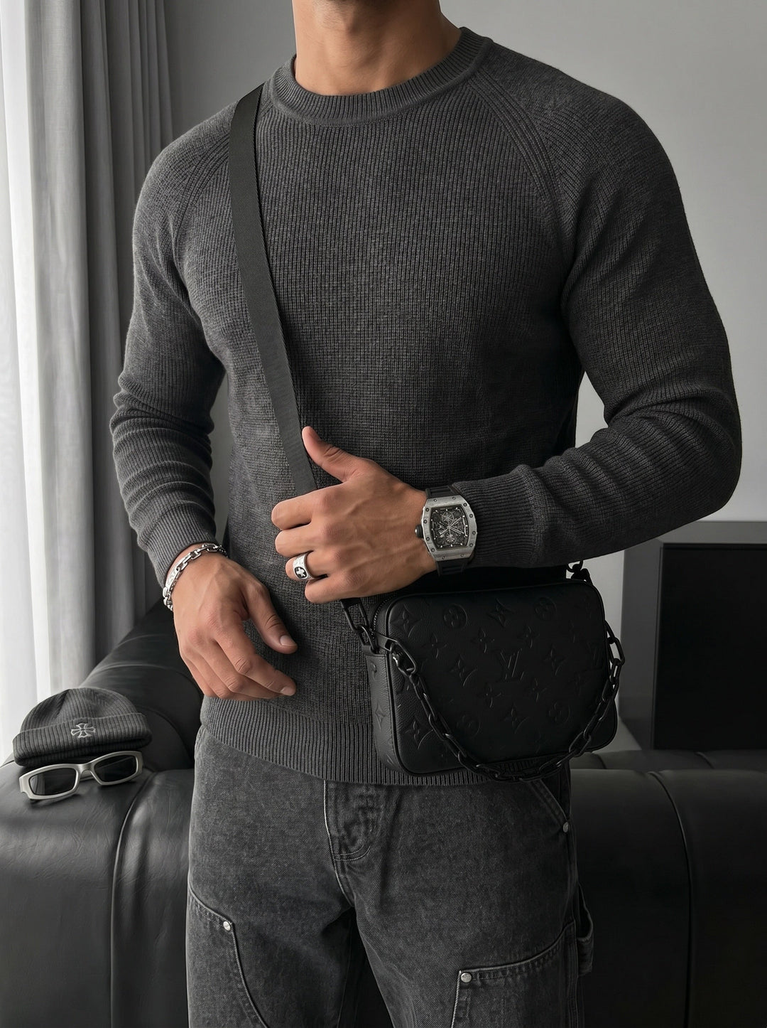 Sweter Slim Fit Cienki - Antracytowy