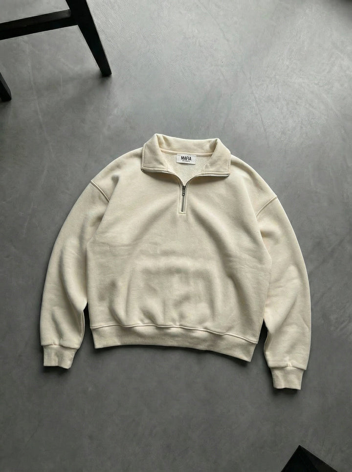 Oversize Polo Sweter z Half-Zip - Beżowy