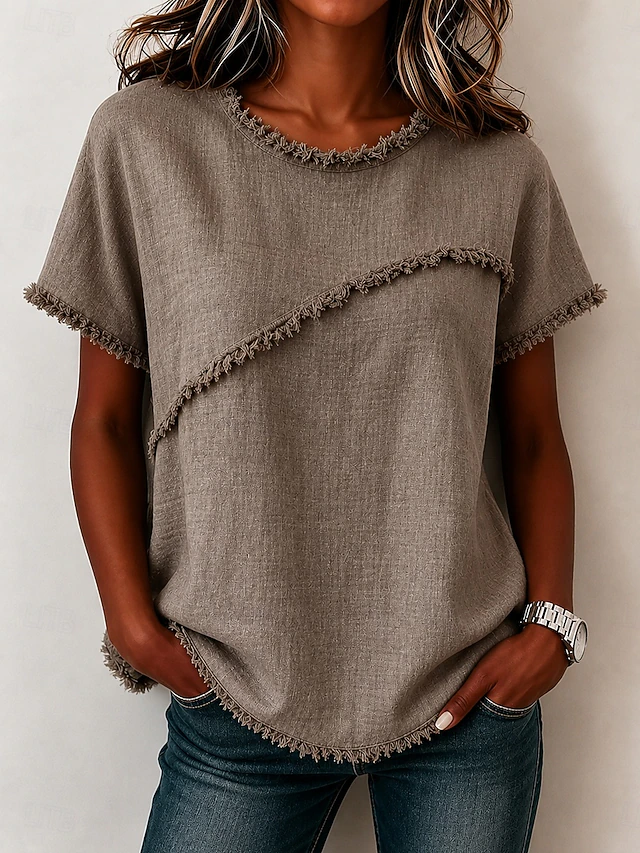 Frayed-Trim Round szyja top