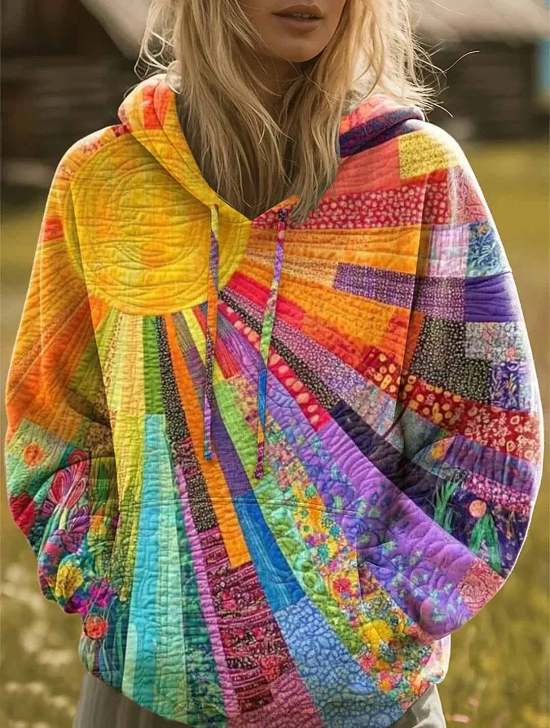 Vibrant Patchwork boho bluza z kapturem