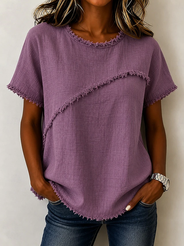 Frayed-Trim Round szyja top