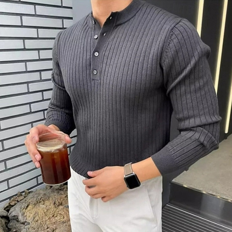 Prążkowany Henley sweter