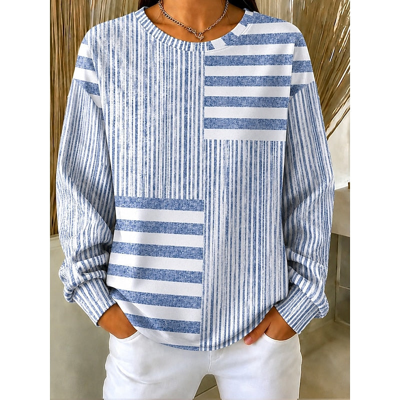 W paski Colorblock bluza z okrągłym dekoltem