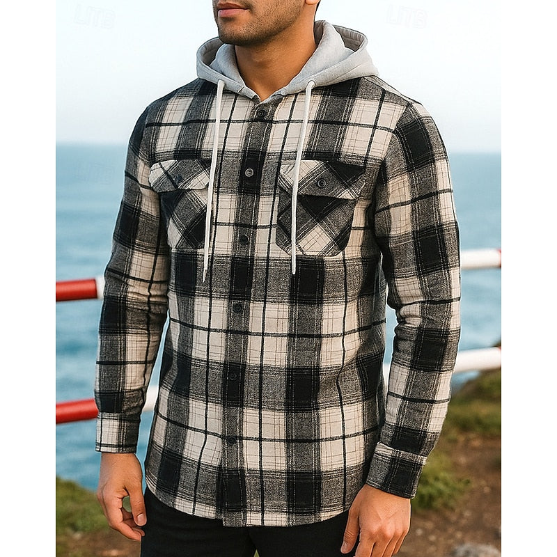Solidny z kapturem krata kurtka koszulowa