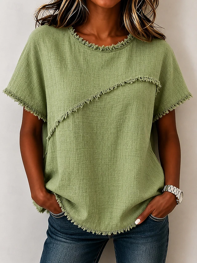 Frayed-Trim Round szyja top